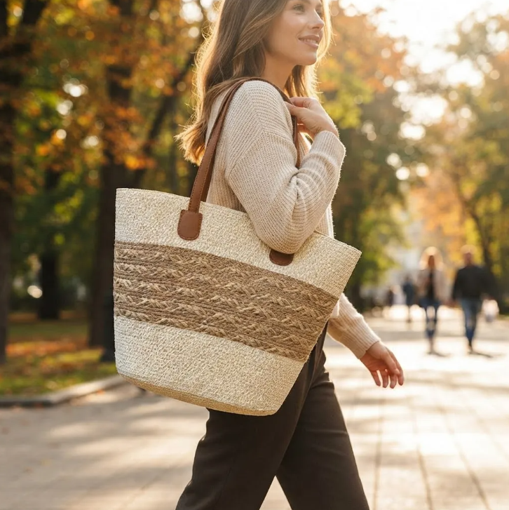 Bolso Playero de Rafia Rayas para Mujer | MIGMA Chile