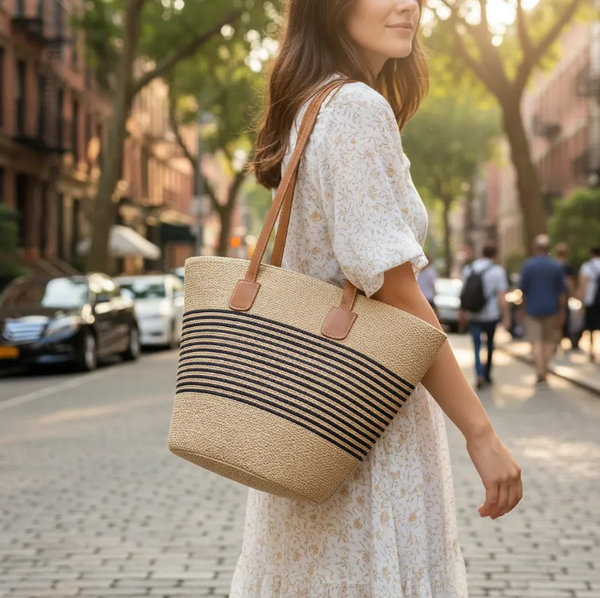 Bolso Playero de Rafia Rayas para Mujer | MIGMA Chile