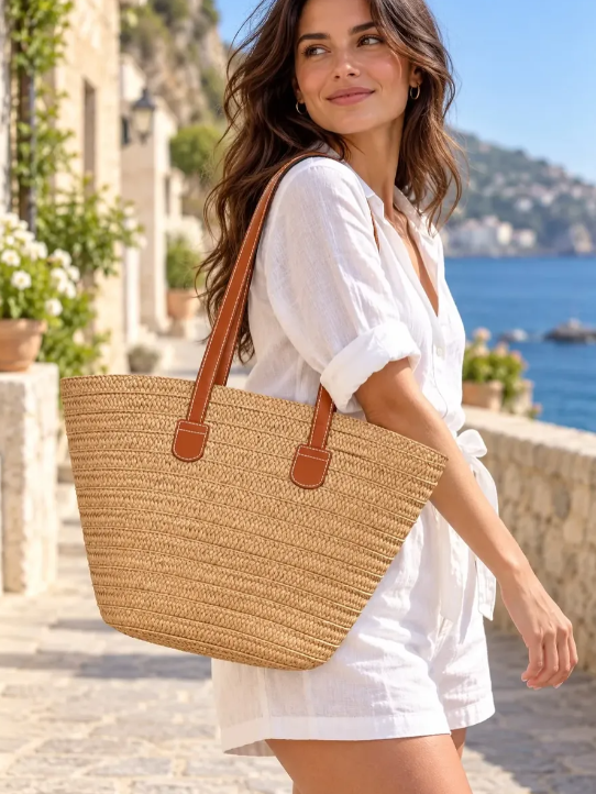 Bolso Playero de Rafia Rayas para Mujer | MIGMA Chile