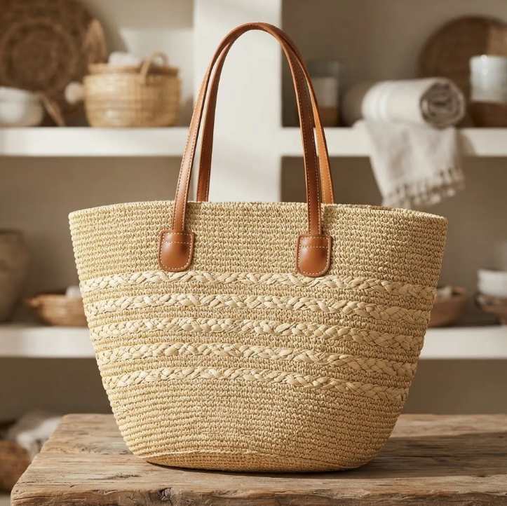 Bolso Playero de Rafia Rayas para Mujer | MIGMA Chile