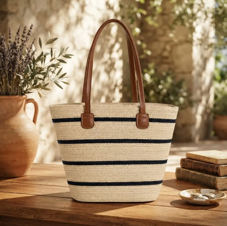 Bolso Playero de Rafia Rayas para Mujer | MIGMA Chile
